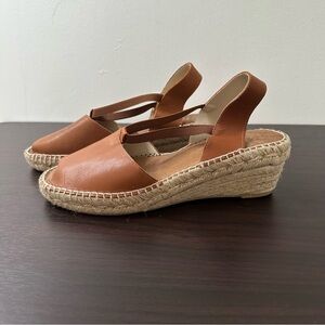 Andre Assous Tan Leather Espadrille Wedge Sandals